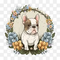 可爱的斗牛犬-可爱的斗牛犬卡通斗牛犬小斗牛犬带花环的斗牛犬