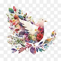 水彩鸽子-水彩鸽子和平鸽鸽子在花丛中