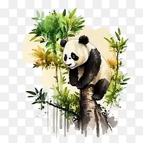 水彩熊猫-水彩熊猫熊猫爬竹子