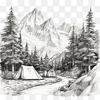 露营-露营素描山山素描风景帐篷