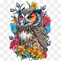 波普艺术猫头鹰-波普艺术猫头鹰与鲜花花卉猫头鹰猫头鹰多彩
