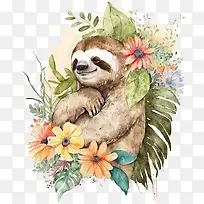 水彩树懒-水彩树懒花卉树懒树懒树懒与花树懒