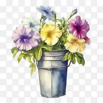 水彩矮牵牛花-水彩矮牵牛花矮牵牛花桶中的矮牵牛花水彩花