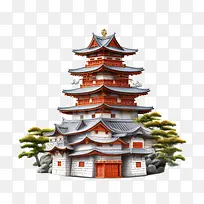 日本城堡-日本城堡宝塔东方建筑木结构对称设计
