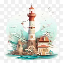 灯塔-灯塔灯塔水彩风景海