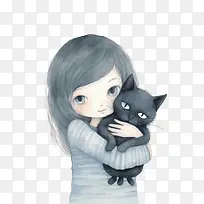 拥抱猫-拥抱猫女孩黑猫拥抱蓝色衬衫
