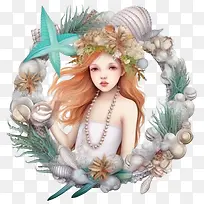美人鱼-美人鱼女孩花环海藻贝壳