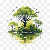 大树-大树森林树木水中的倒影