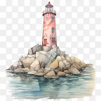 灯塔-灯塔灯塔水彩岩石海