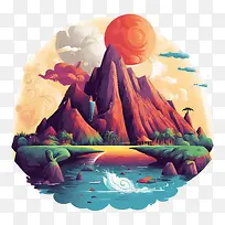 火山-火山景观山水日落