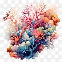 珊瑚-珊瑚热带鱼水彩珊瑚礁水生