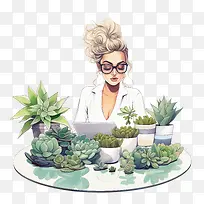 职业女性-职业女性工作女孩女人植物桌