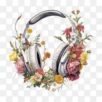 耳机-耳机耳机音乐鲜花数字艺术