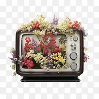 旧电视-旧电视电视复古鲜花花束