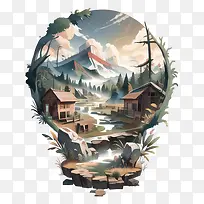 抽象自然-抽象自然山村溪流森林