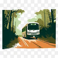 农村交通日-农村交通日公交车森林道路树木