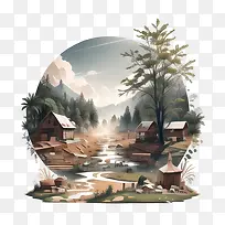 抽象自然-抽象自然乡村山溪村