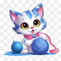 猫玩毛线球-猫玩毛线球小猫蓝眼睛白色毛皮粉色项圈