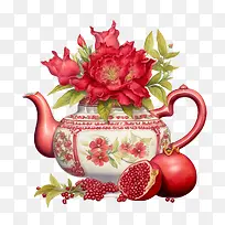石榴和鲜花-石榴和鲜花茶壶屋茶壶红色花朵粉色花朵