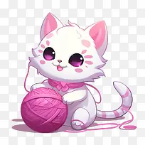 猫玩毛线球-猫玩毛线球猫小猫白色粉色