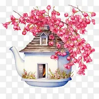 樱桃与花-樱桃与花茶壶屋茶壶粉红色的花朵樱花