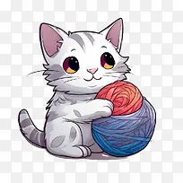猫玩毛线球-猫玩毛线球小猫白色和灰色小可爱