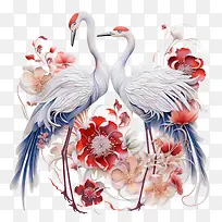 鹤花-鹤花红白花鸟