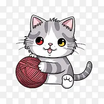 猫玩毛线球-白色背景