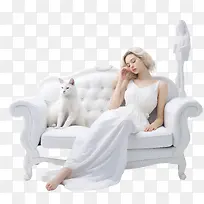 全国懒惰日-全国懒惰日沙发上的白人女人猫