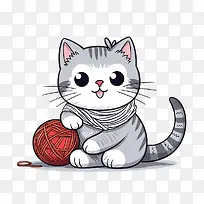 猫玩毛线球-猫玩毛线球猫小猫灰白色