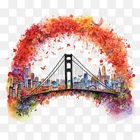 彩虹桥纪念日-彩虹桥纪念日城市水彩日落桥
