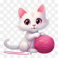 猫玩毛线球-猫玩毛线球猫白色小猫粉红色毛线