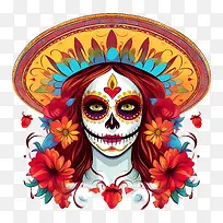 亡灵节-亡灵节亡灵节头骨亡灵节七彩花朵