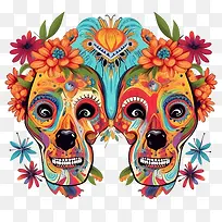 亡灵节-亡灵节死亡之日彩色头骨头骨与鲜花花卉头骨