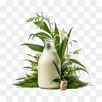 世界植物奶日-世界植物奶日牛奶玻璃瓶绿叶鲜花