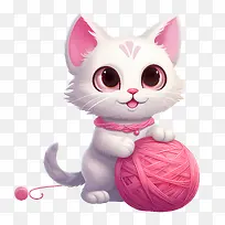 猫玩毛线球-猫玩毛线球猫白色小猫粉红色