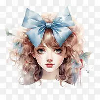 国际蝴蝶结日-国际蝴蝶结日蓝色蝴蝶结可爱的女孩头发眼睛