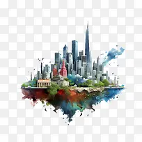 世界城市化日-世界城市化日天际线建筑水彩城市