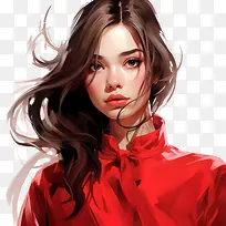 国服红色日-国服红色日女人红衬衫长发微笑