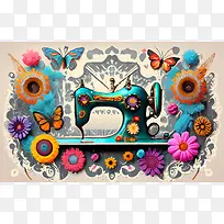 缝纫日-缝纫日缝纫机刺绣七彩花朵蝴蝶