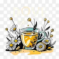 洋甘菊茶-洋甘菊茶花草茶可爱插画复古插画天然茶