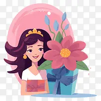 女人-穿着粉红色连衣裙,拿着花盆的粉红色花朵的女人