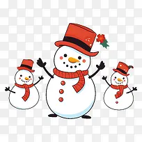 雪人-三个戴着红帽子和围巾的微笑雪人