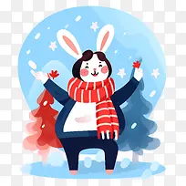 卡通人物-下雪的圣诞节场景中的节日卡通人物