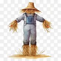 农民-卡通农民用镰刀和稻草背景上的水桶