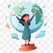 幸福—地球上的卡通女人散发着幸福,激发了成功的希望