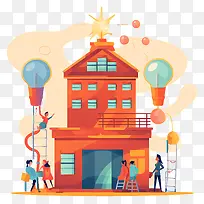 建筑-红色屋顶和蓝色墙壁的建筑图像,人们绘画