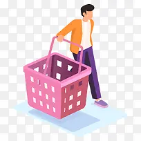 行走的人—男人推着装满物品的粉红色手推车在城市里行走