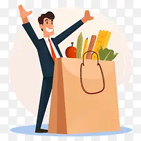 卡通人-卡通人兴奋地站在装满食物的购物袋上