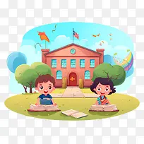 孩子们—快乐的孩子们在大楼外阅读和享受